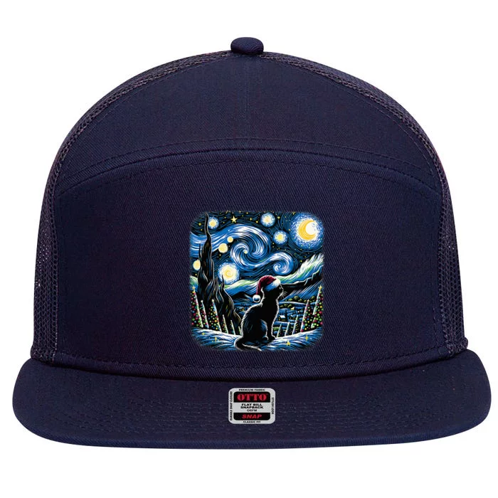 Van Gogh Starry Night Festive Christmas Black Cat Santa Hat 7 Panel Mesh Trucker Snapback Hat