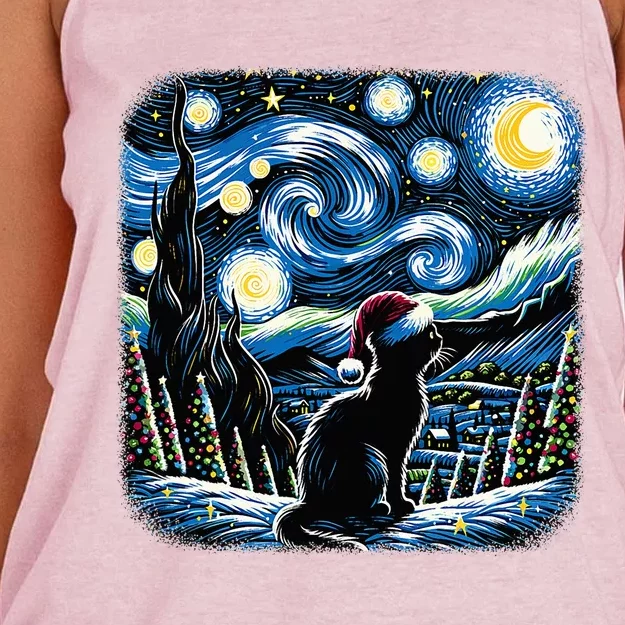 Van Gogh Starry Night Festive Christmas Black Cat Santa Hat Women's Knotted Racerback Tank