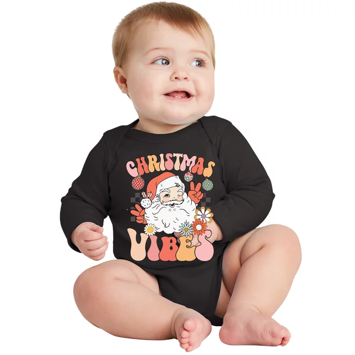 Vintage Groovy Santa Claus Christmas Vibes Baby Long Sleeve Bodysuit