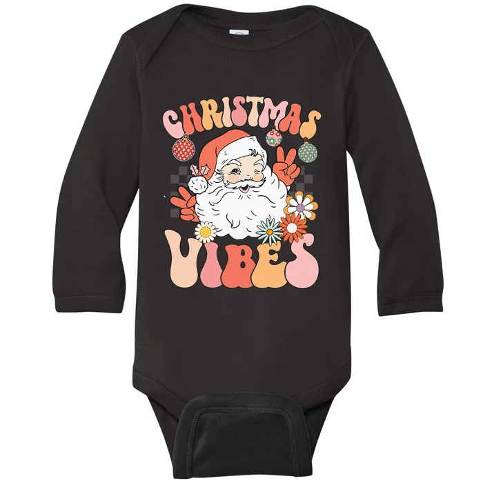 Vintage Groovy Santa Claus Christmas Vibes Baby Long Sleeve Bodysuit