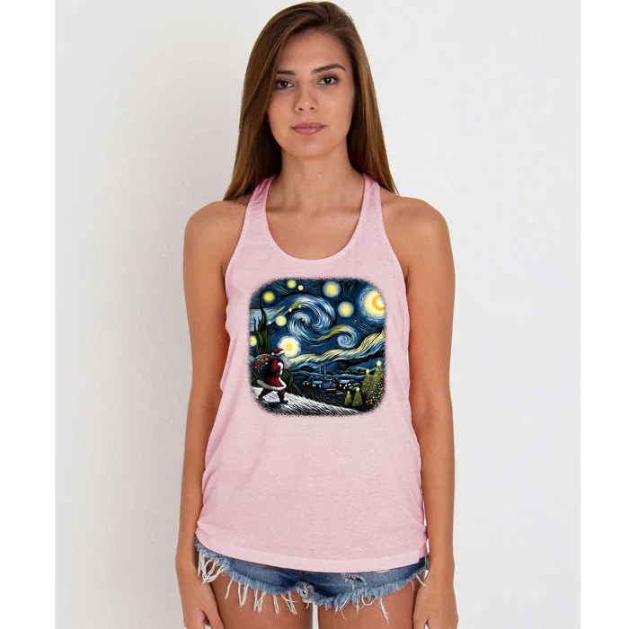 Van Gogh Starry Night Santa Christmas Winter Snowy Night Women's Knotted Racerback Tank