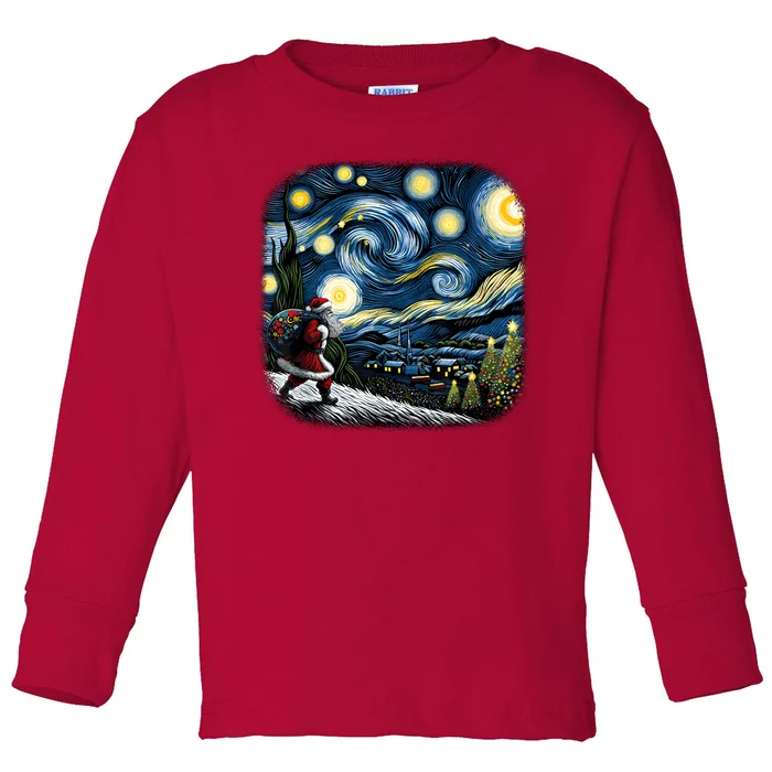 Van Gogh Starry Night Santa Christmas Winter Snowy Night Toddler Long Sleeve Shirt