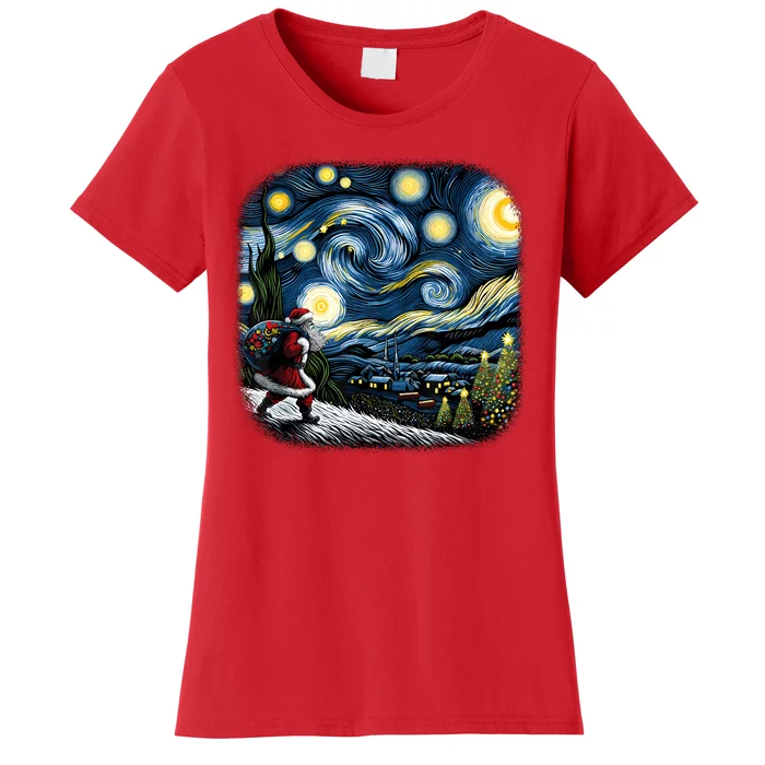 Van Gogh Starry Night Santa Christmas Winter Snowy Night Women's T-Shirt