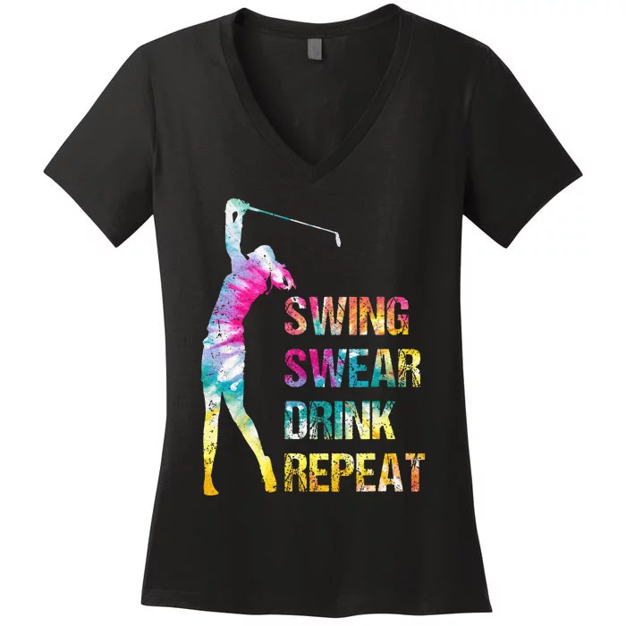 Vintage Golf Swing Swear Drink Repeat Love Golfing Golfer Women's V-Neck T-Shirt