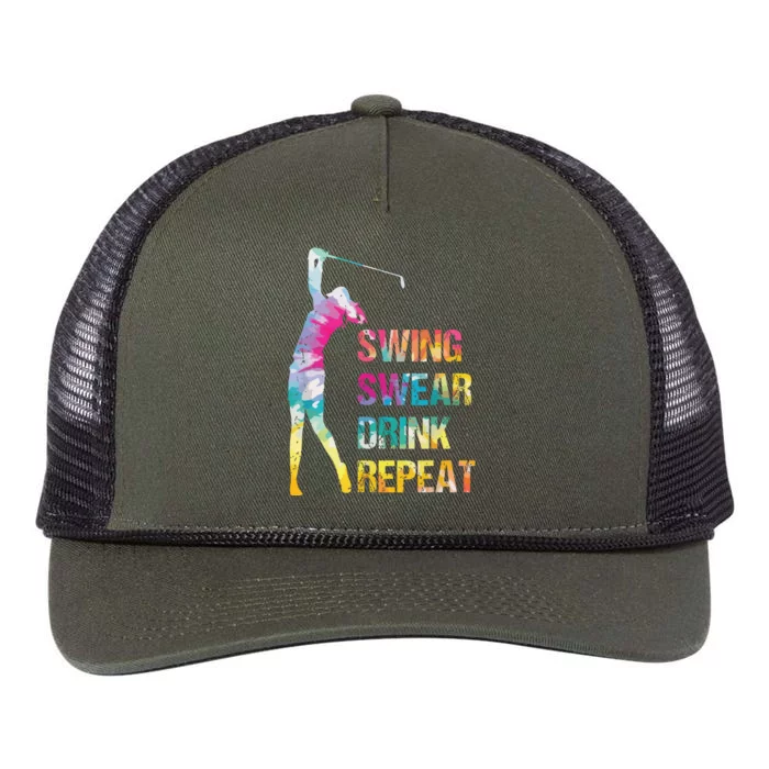 Vintage Golf Swing Swear Drink Repeat Love Golfing Golfer Retro Rope Trucker Hat Cap