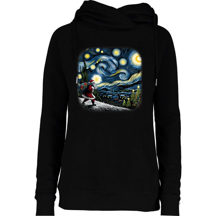 Van Gogh Starry Night Santa Christmas Winter Snowy Night Womens Funnel Neck Pullover Hood