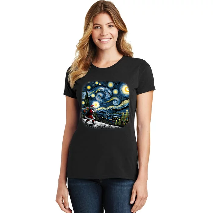 Van Gogh Starry Night Santa Christmas Winter Snowy Night Women's T-Shirt