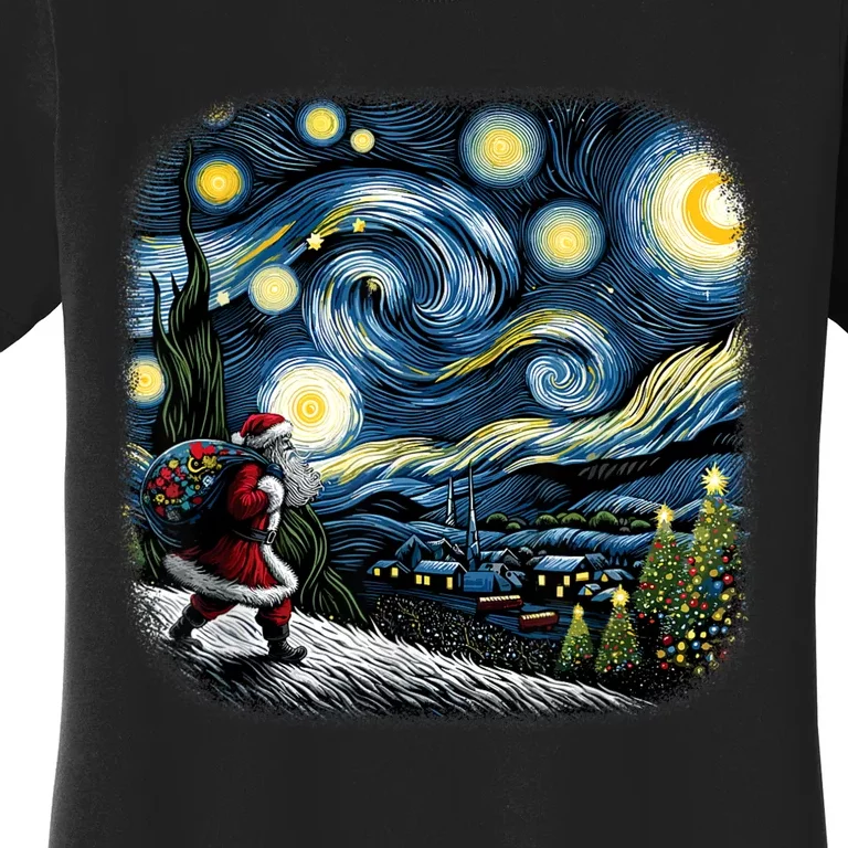 Van Gogh Starry Night Santa Christmas Winter Snowy Night Women's T-Shirt