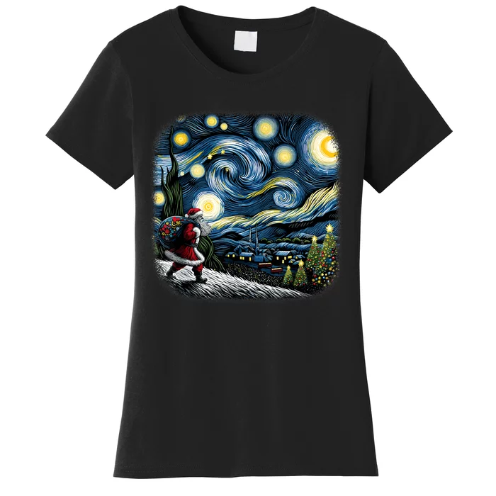 Van Gogh Starry Night Santa Christmas Winter Snowy Night Women's T-Shirt