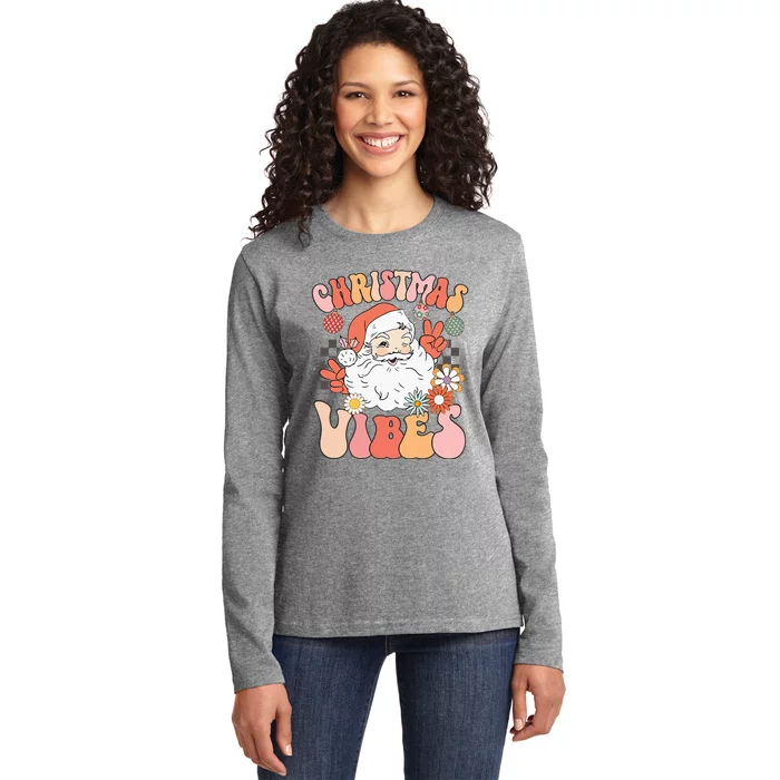 Vintage Groovy Santa Claus Christmas Vibes Ladies Long Sleeve Shirt