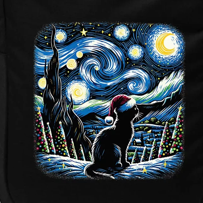 Van Gogh Starry Night Festive Christmas Black Cat Santa Hat Impact Tech Backpack