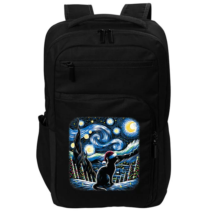 Van Gogh Starry Night Festive Christmas Black Cat Santa Hat Impact Tech Backpack