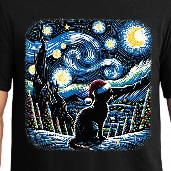 Van Gogh Starry Night Festive Christmas Black Cat Santa Hat Pajama Set