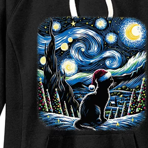 Van Gogh Starry Night Festive Christmas Black Cat Santa Hat Women's Fleece Hoodie