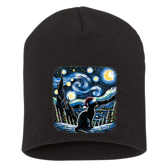 Van Gogh Starry Night Festive Christmas Black Cat Santa Hat Short Acrylic Beanie