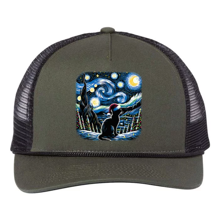 Van Gogh Starry Night Festive Christmas Black Cat Santa Hat Retro Rope Trucker Hat Cap