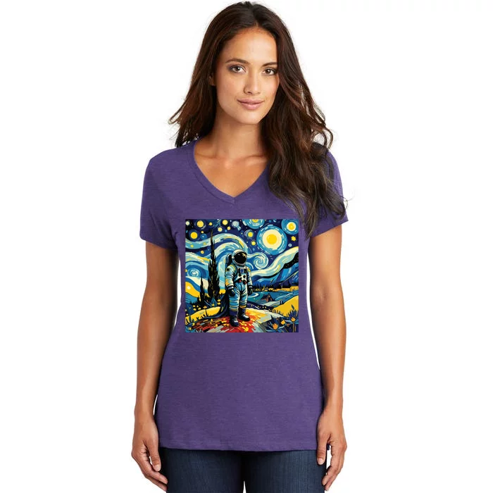 Van Gogh Starry Night Astronaut Space Lovers Women's V-Neck T-Shirt