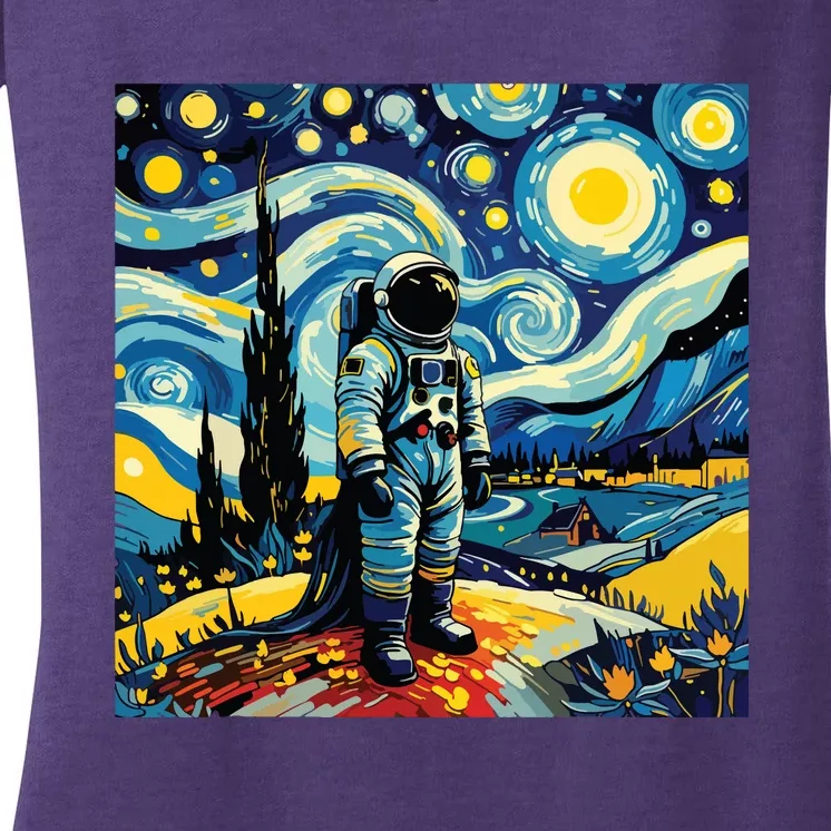 Van Gogh Starry Night Astronaut Space Lovers Women's V-Neck T-Shirt