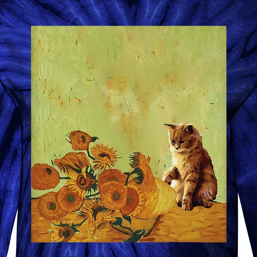 Van Gogh Sunflowers Funny Cat Art Painting Tie-Dye Long Sleeve Shirt