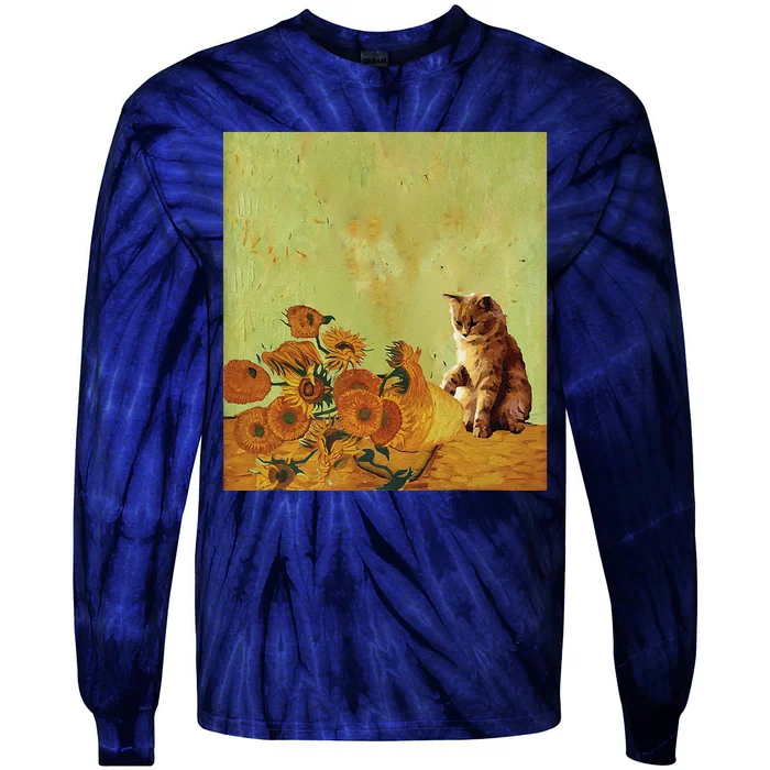 Van Gogh Sunflowers Funny Cat Art Painting Tie-Dye Long Sleeve Shirt