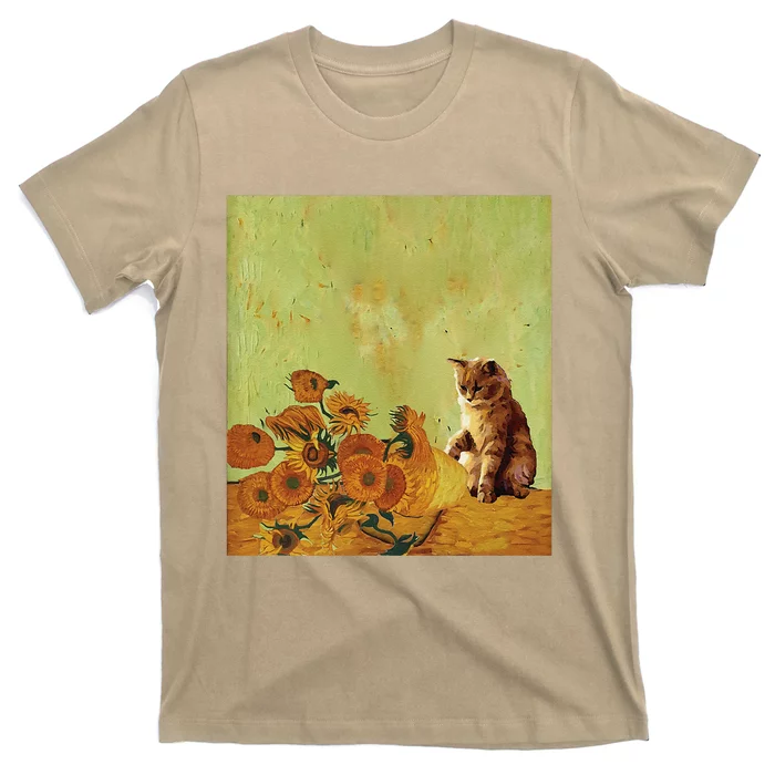 Van Gogh Sunflowers Funny Cat Art Painting T-Shirt