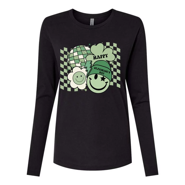 Vintage Groovy Shamrock Smile Face St Patricks Day Hippie Womens Cotton Relaxed Long Sleeve T-Shirt