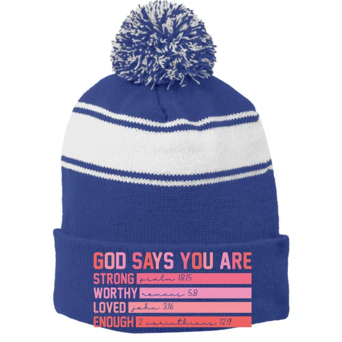 Vintage God Says You Are Strong Worthy Loved Enough Gift Stripe Pom Pom Beanie