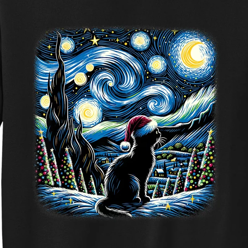 Van Gogh Starry Night Festive Christmas Black Cat Santa Hat Sweatshirt