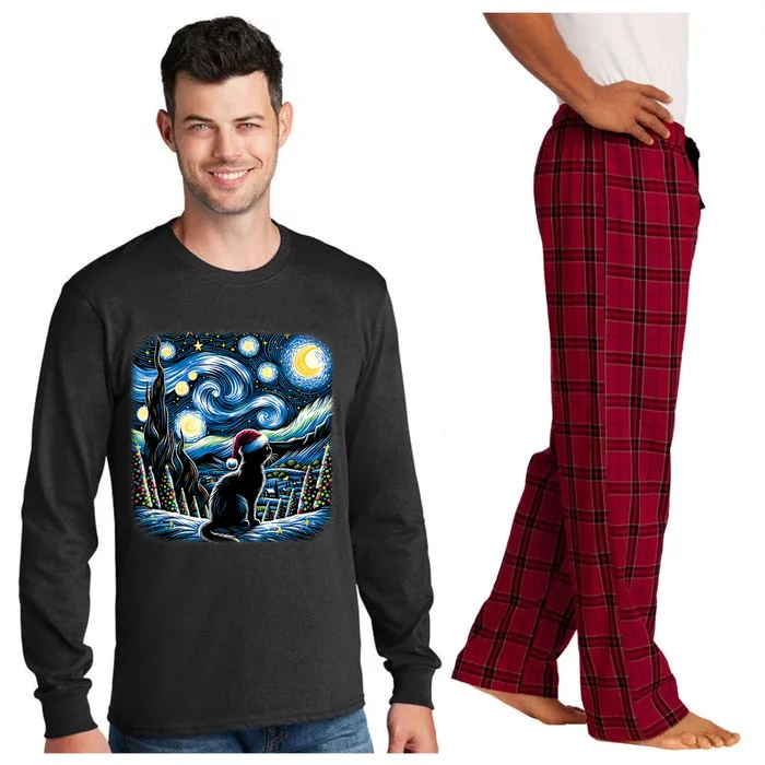 Van Gogh Starry Night Festive Christmas Black Cat Santa Hat Long Sleeve Pajama Set