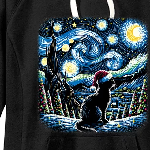 Van Gogh Starry Night Festive Christmas Black Cat Santa Hat Women's Fleece Hoodie