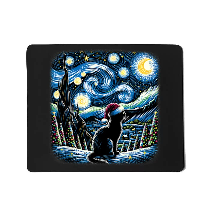 Van Gogh Starry Night Festive Christmas Black Cat Santa Hat Mousepad