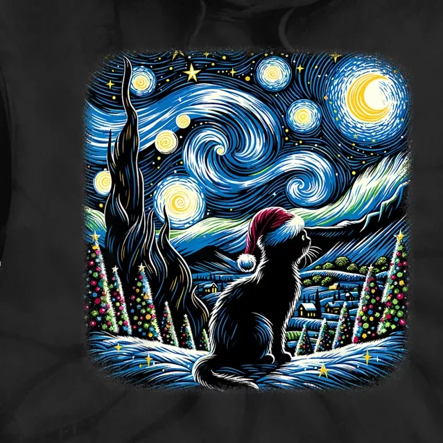 Van Gogh Starry Night Festive Christmas Black Cat Santa Hat Tie Dye Hoodie