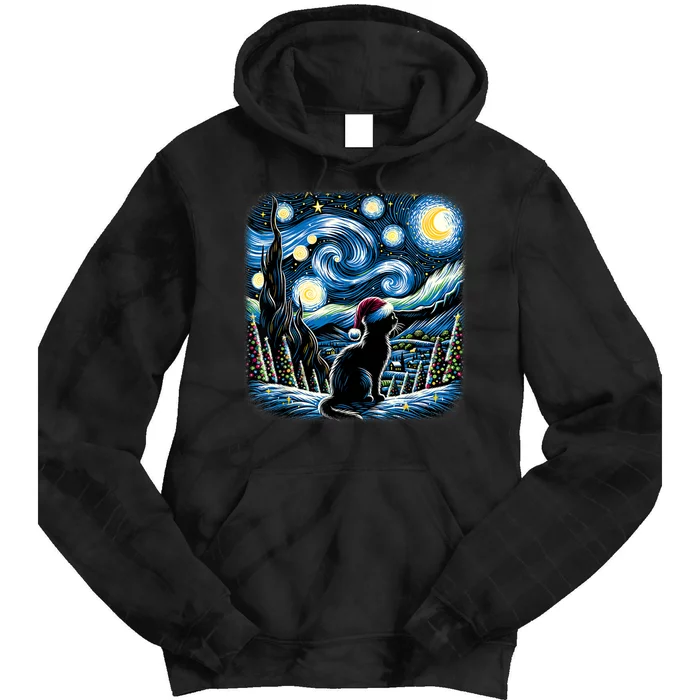 Van Gogh Starry Night Festive Christmas Black Cat Santa Hat Tie Dye Hoodie