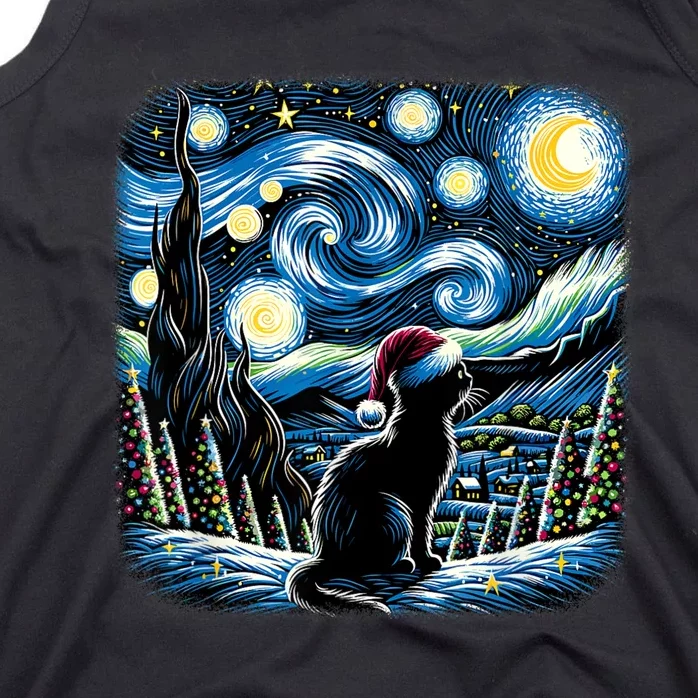 Van Gogh Starry Night Festive Christmas Black Cat Santa Hat Tank Top