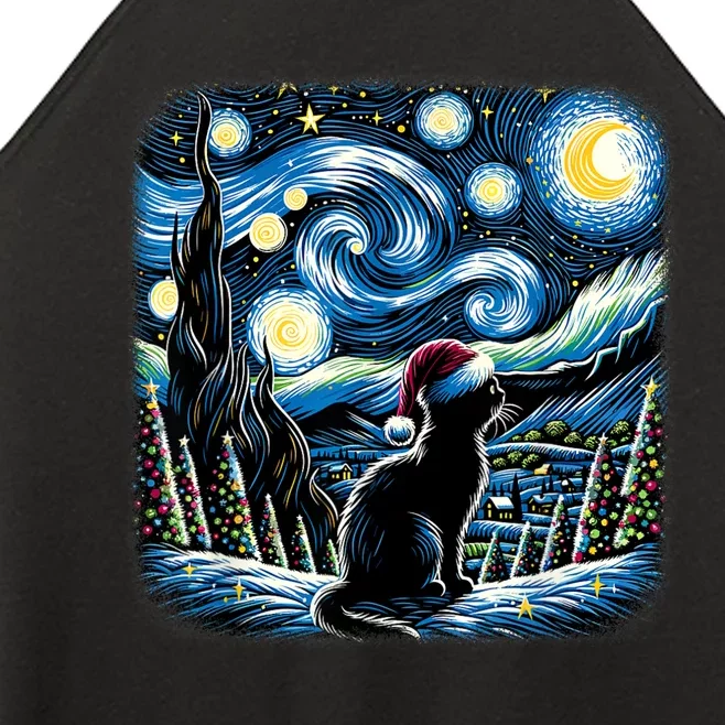 Van Gogh Starry Night Festive Christmas Black Cat Santa Hat Women’s Perfect Tri Rocker Tank