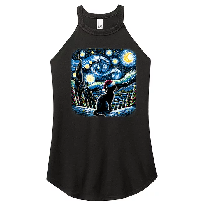 Van Gogh Starry Night Festive Christmas Black Cat Santa Hat Women’s Perfect Tri Rocker Tank