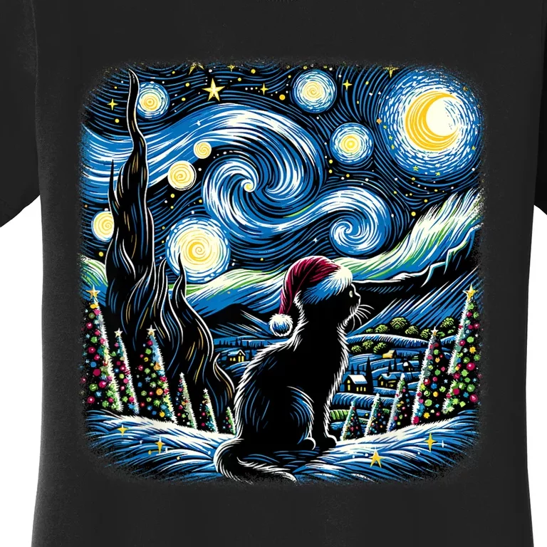 Van Gogh Starry Night Festive Christmas Black Cat Santa Hat Women's T-Shirt