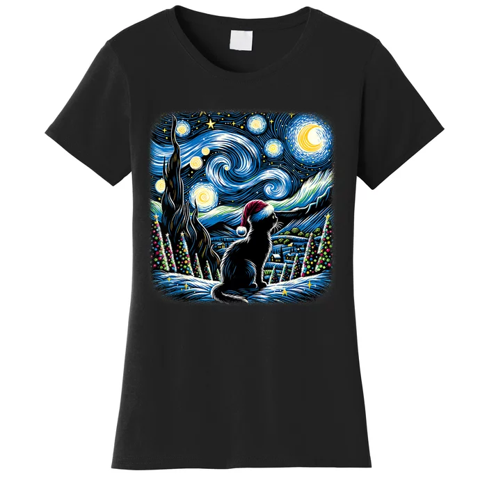 Van Gogh Starry Night Festive Christmas Black Cat Santa Hat Women's T-Shirt