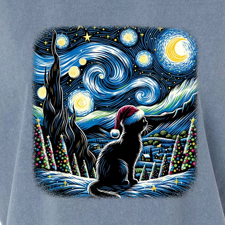 Van Gogh Starry Night Festive Christmas Black Cat Santa Hat Garment-Dyed Women's Muscle Tee