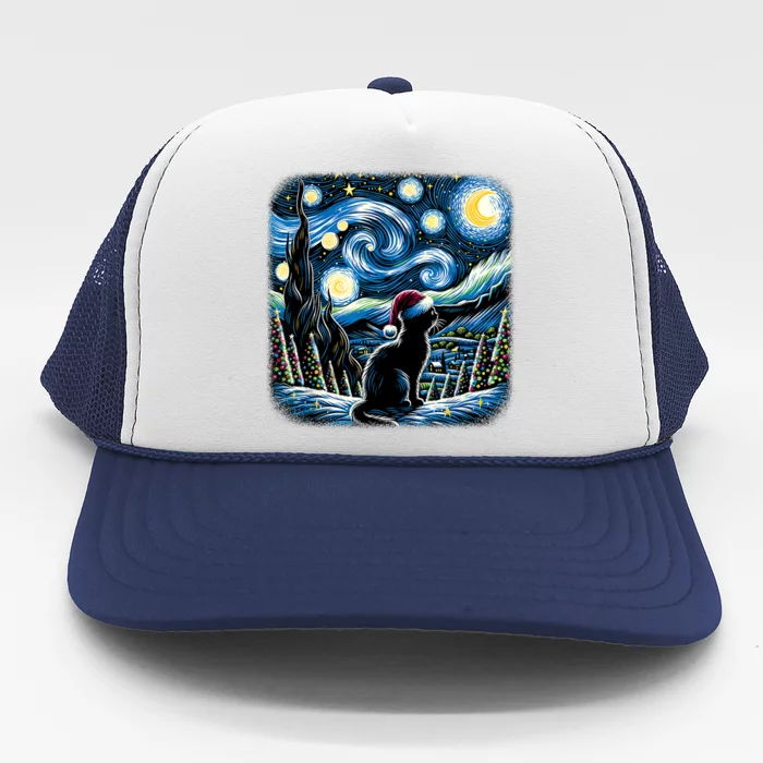 Van Gogh Starry Night Festive Christmas Black Cat Santa Hat Trucker Hat