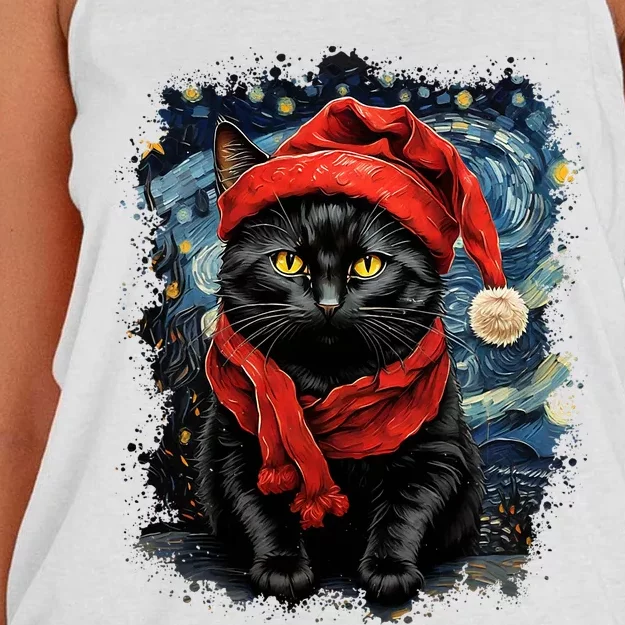 Van Gogh Starry Night Cat Funny Black Cat Christmas Women's Knotted Racerback Tank