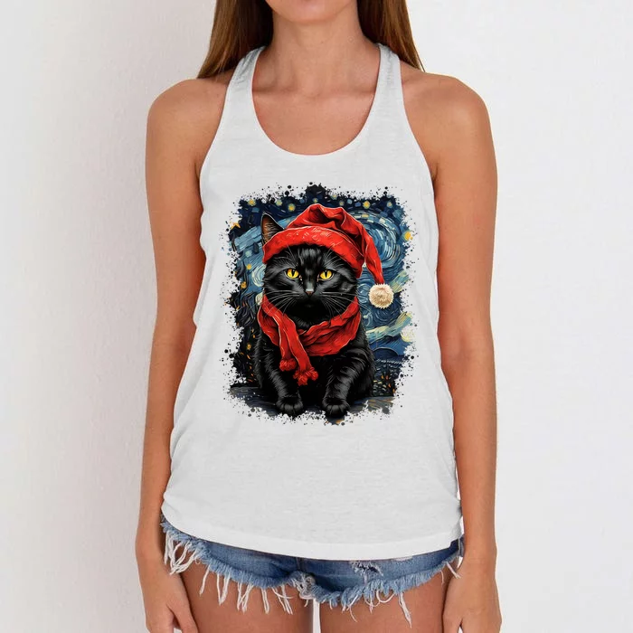 Van Gogh Starry Night Cat Funny Black Cat Christmas Women's Knotted Racerback Tank