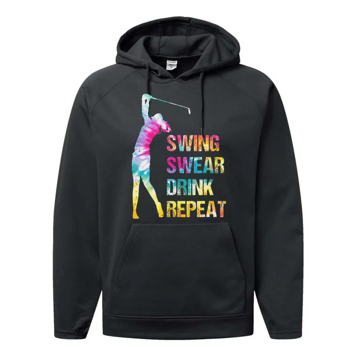 Vintage Golf Swing Swear Drink Repeat Love Golfing Golfer Performance Fleece Hoodie