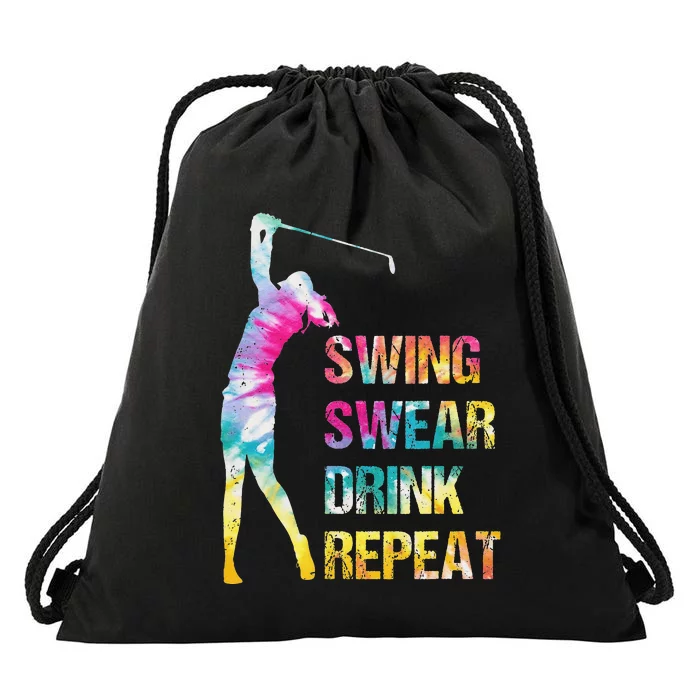 Vintage Golf Swing Swear Drink Repeat Love Golfing Golfer Drawstring Bag