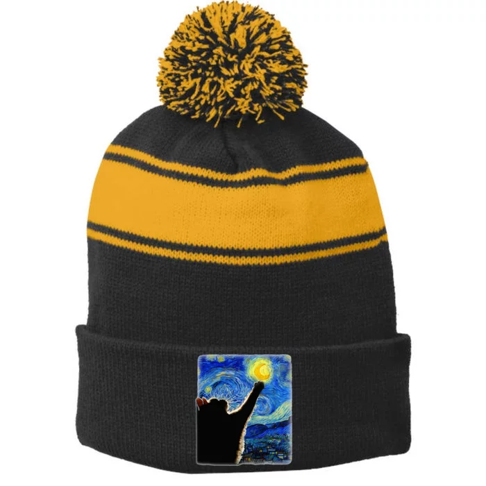 Van Gogh Starry Night Cat Stripe Pom Pom Beanie