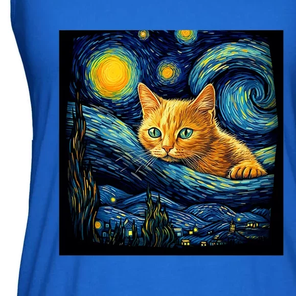 Van Gogh Starry Night Cat For Cat Lover Cat Mom And Cat Dad Ladies Essential Flowy Tank