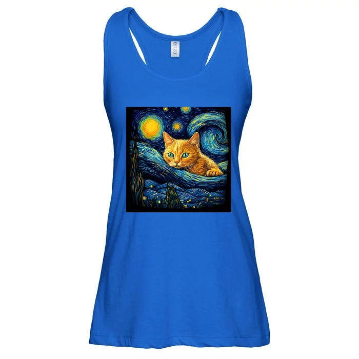 Van Gogh Starry Night Cat For Cat Lover Cat Mom And Cat Dad Ladies Essential Flowy Tank