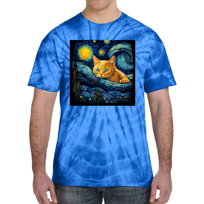 Van Gogh Starry Night Cat For Cat Lover Cat Mom And Cat Dad Tie-Dye T-Shirt