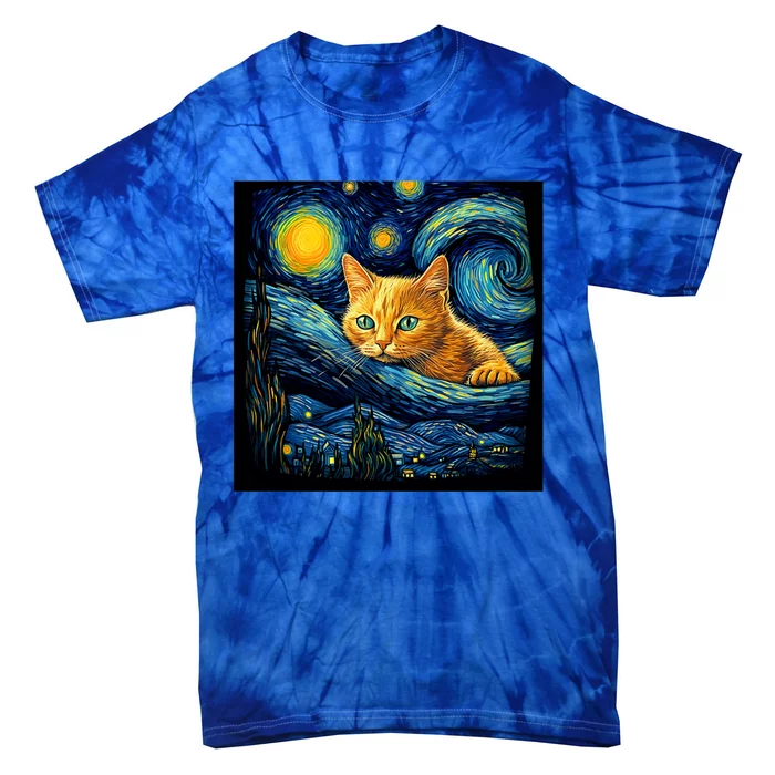 Van Gogh Starry Night Cat For Cat Lover Cat Mom And Cat Dad Tie-Dye T-Shirt