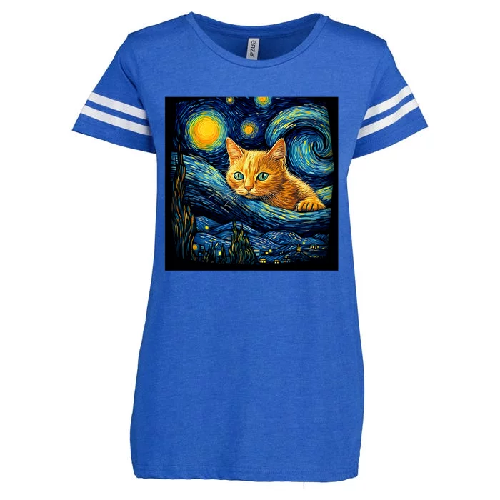 Van Gogh Starry Night Cat For Cat Lover Cat Mom And Cat Dad Enza Ladies Jersey Football T-Shirt